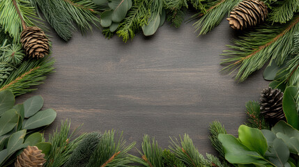Evergreen pine and eucalyptus border with pinecone accents on rustic wood