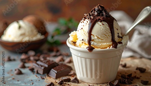 A creamy vanilla ice cream dessert drizzled with chocolate sauce and chocolate shavings