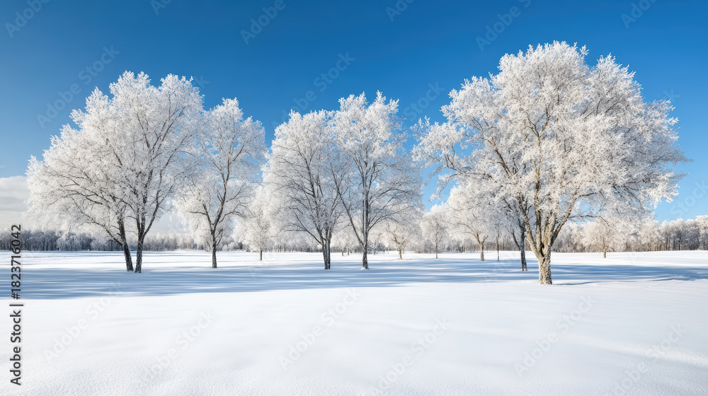 Fototapeta premium Frost covered winter tree snow field blue sky sunrise light hoarfrost