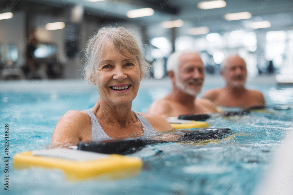 Obraz premium Senior adults enjoying water exercise class in a bright indoor pool setting during morning hours