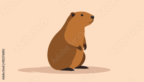 Illustration of a brown beaver standing on its hind legs against a beige background.
