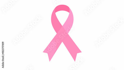 Pink ribbon, symbol of breast cancer awareness, on white background.