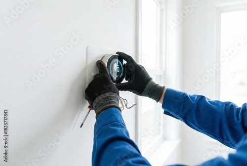 Technician installing smart thermostat on white wall
