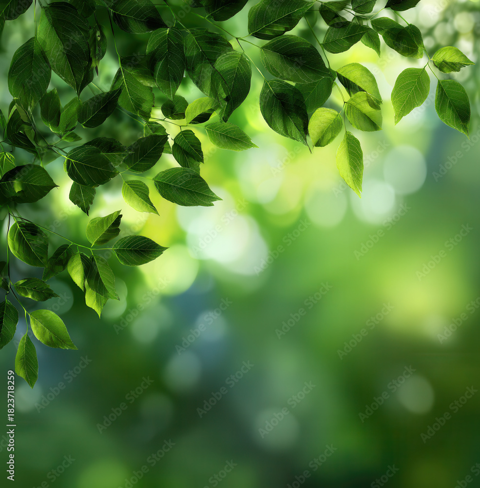 Obraz premium Lush green leaves frame a tranquil background in a sunlit forest during a warm summer day