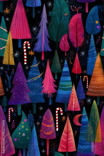 Vibrant Whimsical Christmas Tree Seamless Pattern