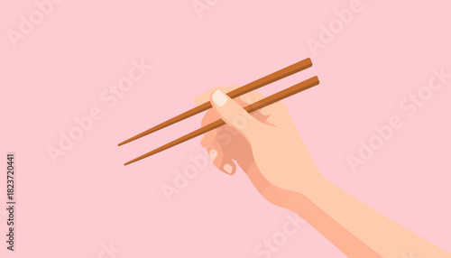 Hand holding chopsticks against a pink background, illustration.