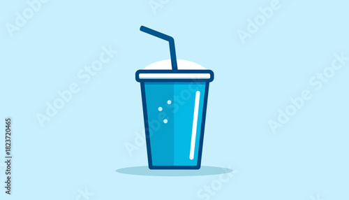 Illustration of a blue soda cup with a straw and bubbles on a light blue background.