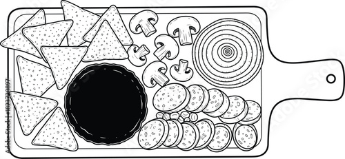 Black and white illustration of nachos mushrooms onion slices and salami on a wooden board