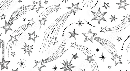 Black and white hand drawn star pattern with shooting stars and dots comet space