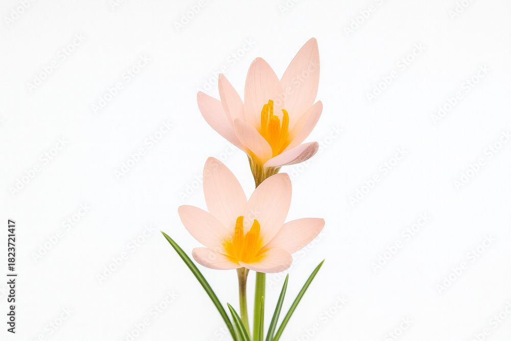 Fototapeta premium Minimalist spring composition with two soft pink crocus flowers on white background, perfect elegant floral stock image for wedding invitations, beauty branding and social media design.