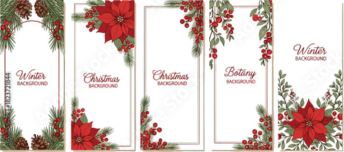 Christmas and Winter Botanical Borders with Poinsettias Pine Cones and Berries frame