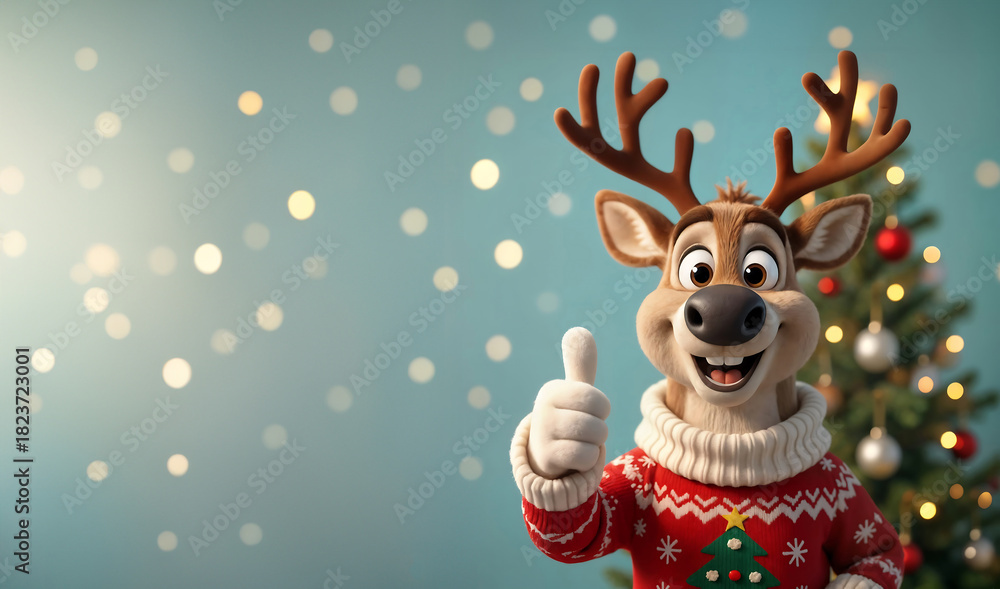 Obraz premium Renne de noël avec un pull de Noël et bois de renne, isolé sur fond bleu espace vide pour du texte