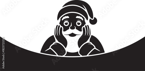 Santa claus face peeking over a banner silhouette