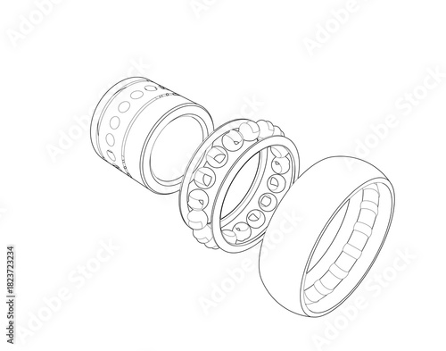 Wireframe Depiction of an exploded ball bearing assembly. This Technical Drawing uses Simple Line Art and Outline Illustration in a Monochrome style, showing precision mechanical components.