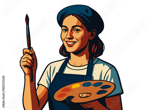 smiling woman artist wearing a beret and apron, holding brushes and a paint palette with vibrant colors. Generative ai vector colorful pop art illustration.