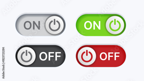 3D On and Off Toggle Switch Buttons – Turn On, Turn Off, Open and Close Power Control UI Icons in Material Design