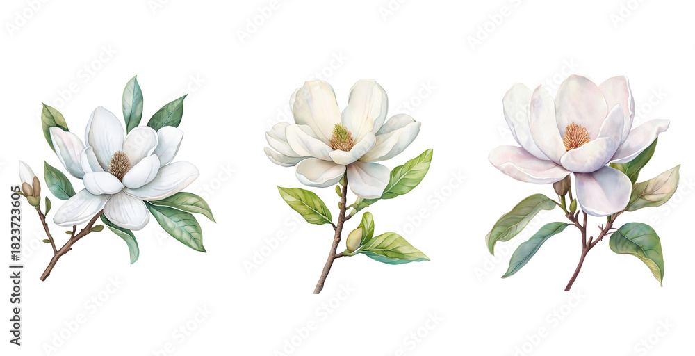 Fototapeta premium White Magnolia Flower Watercolor Illustration Isolated on Transparent Background. Botanical Watercolor Magnolia Flower Illustration PNG set.