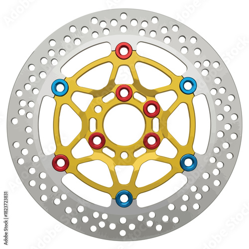 Motorcycle brake disc rotor with colorful bolt detail