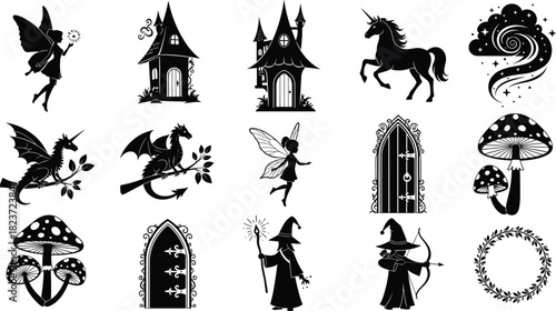 Collection of black silhouette fantasy elements including fairies dragons unicorns mushrooms castles and wizards