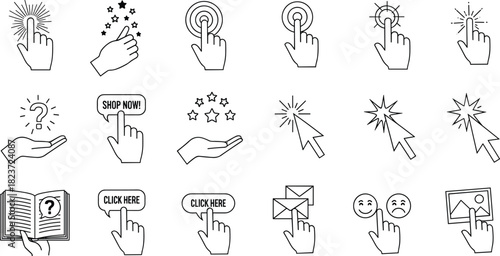 Collection of line art icons depicting hands and cursors interacting with digital elements and concepts