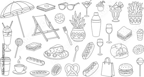 Collection of summer vacation and food icons in black and white line art beach umbrella