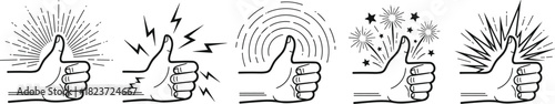 Five black and white line art thumbs up icons with various graphic elements hand gesture