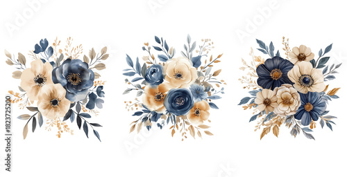 Dusty Navy Blue and Beige Floral Bouquet Watercolor Set PNG. Watercolor Navy and Beige Flower Bouquet Set Isolated.