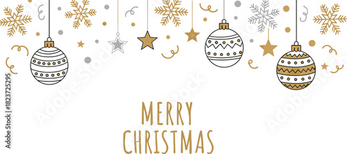 Gold and silver Christmas ornaments snowflakes and confetti with Merry Christmas text