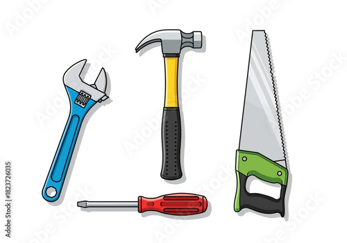 Cartoon Illustration of Hand Tools: Wrench Hammer Screwdriver and Saw.