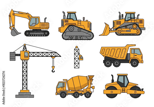 Construction Vehicles: Excavator Bulldozer Crane Dump Truck Mixer and Roller.