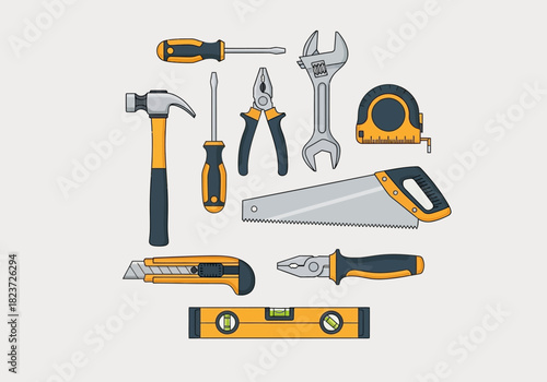 Hand Tools Assortment: Hammer Screwdrivers Pliers Wrench Tape Measure Saw Utility Knife and Level.