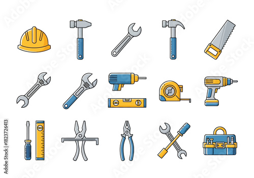 Construction and Repair Tools Set: Hard Hat Hammer Wrenches Drills Saw Pliers and Toolbox.