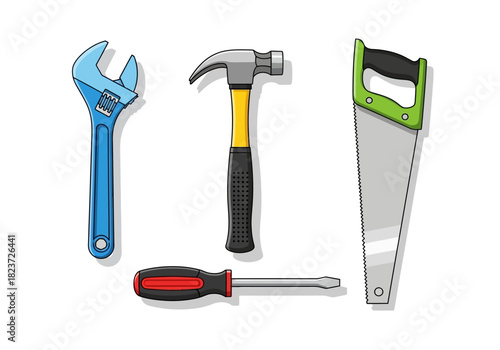 Cartoon Hand Tools: Wrench Hammer Screwdriver and Saw.