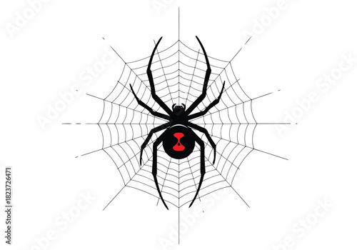 Black widow spider with red hourglass symbol on web