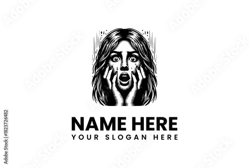 Vector logo illustration of a scared face with open mouth and hands on cheeks for a business