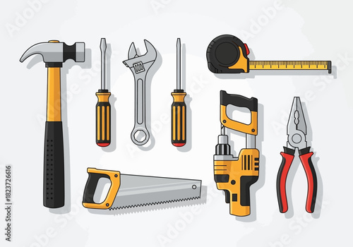 Assorted Hand Tools: Hammer Screwdrivers Wrench Tape Measure Saw Drill and Pliers.