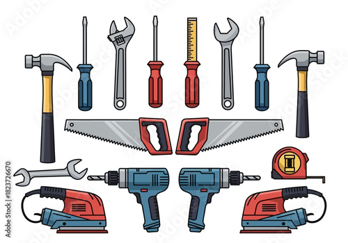 Assorted Hand Tools and Power Tools Illustration: Hammer Screwdrivers Wrenches Saws Drills Sander and Tape Measure.