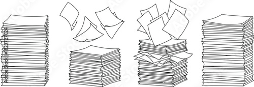 Stacked paper piles and scattered sheets in black and white line art vector