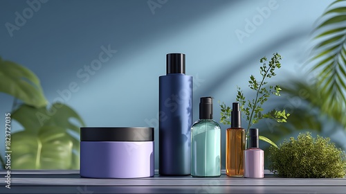 Assortment of beauty and skincare products with natural elements and soft lighting