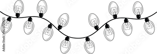 String of clear incandescent light bulbs with black bases on a curved black wire