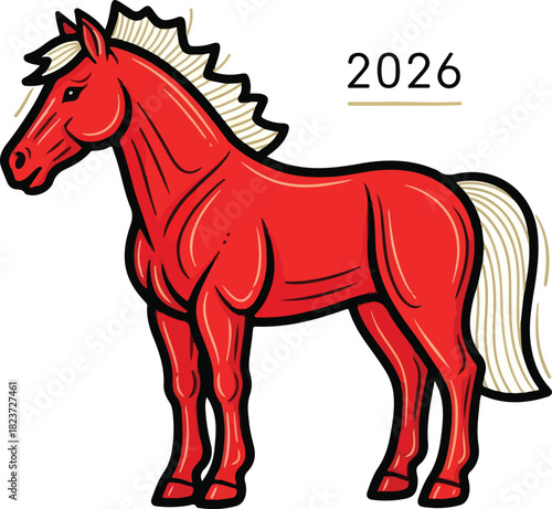A red horse illustration with a light mane and tail the year 2026 is above it