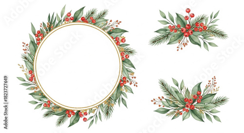Watercolor Christmas Wreath Frame with Red Berries, Pine Branches and Green Botanical Accents