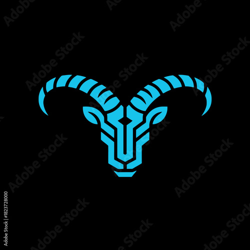 Symmetrical geometric blue ram head icon with large horns on a black background.