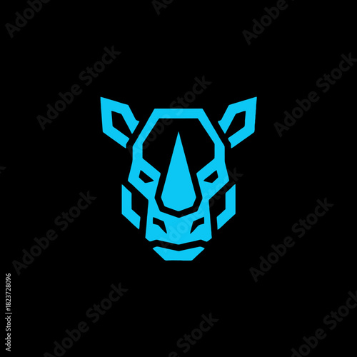 Geometric blue rhino head logo on a black background, a modern and stylized design.