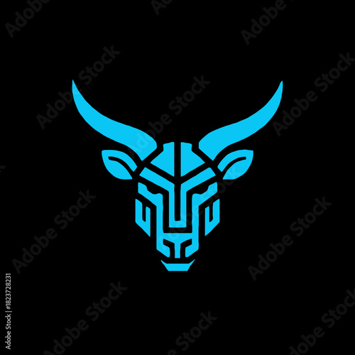 A modern, geometric logo of a bull's head in a vibrant blue outline on a black background.