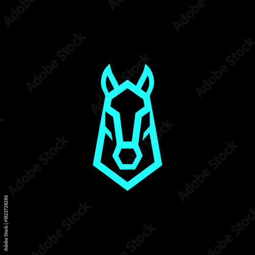 Geometric horse head logo design with a modern and minimalist aesthetic, rendered in a vibrant cyan color against a black background.