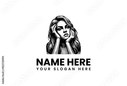 Beautiful pensive woman resting her head on her hands, a hand-drawn vintage style vector logo illustration