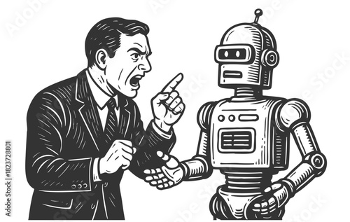 furious man shouting at an emotionless robot, symbolizing conflict between humans and technology sketch engraving generative ai fictional character vector illustration. Scratch board. Black and white.