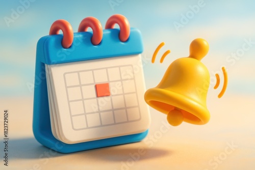 Cartoon image blue calendar with highlighted date and a ringing gold bell