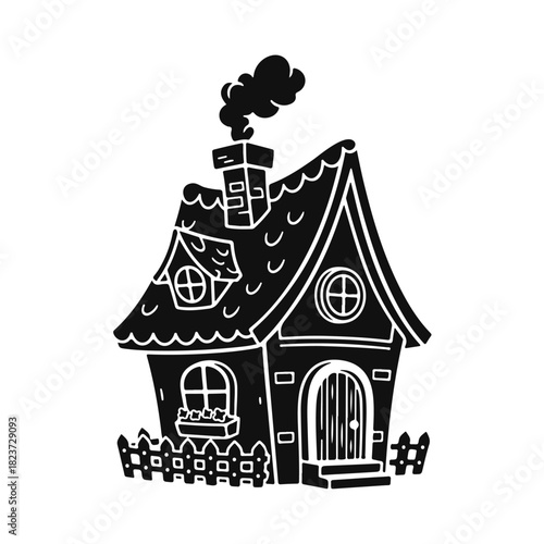 Cartoon house with bright details and a playful cozy look in a simple cheerful style. Cartoon house, cute house, cozy cottage, funny house, children's illustration